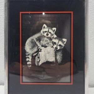 Whimsical Framed Print of Raccoons on Log Black & White Art Home Office Decorate